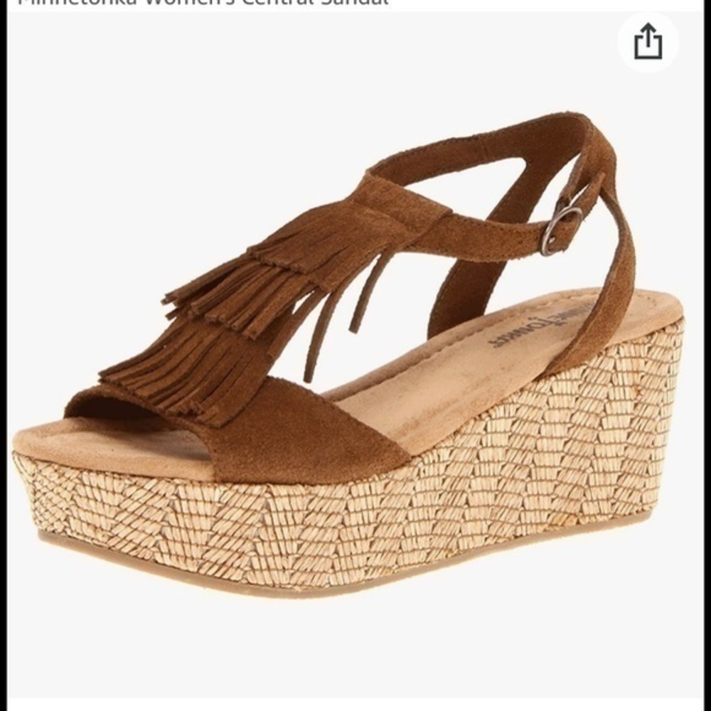 Minnetonka Central Suede Fringe Wedge Sandals 10